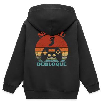 niveau 3 débloqué - anniversaire - Sweat Premium à capuche zippé enfant bio - noir - Dos - AI Model Kid Male (0cm)