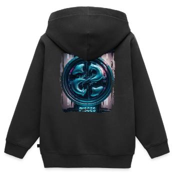 Signe du zodiaque Poissons à l’ère cyberpunk Futur - Sweat Premium à capuche zippé enfant bio - noir - Dos - AI Model Kid Male (0cm)
