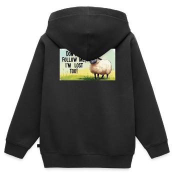 Moutons « Ne me suis pas – moi aussi je suis perdu ! » - Sweat Premium à capuche zippé enfant bio - noir - Dos - AI Model Kid Male (0cm)