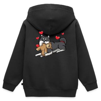 Chien lapphund finlandais avec jouet en peluche - Sweat Premium à capuche zippé enfant bio - noir - Dos - AI Model Kid Male (0cm)