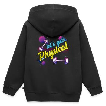 Obtenons un entraînement rétro vintage physique des années 80 - Sweat Premium à capuche zippé enfant bio - noir - Dos - AI Model Kid Male (0cm)