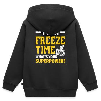 Je peux figer le temps Quel est votre appareil photo superpouvoir - Sweat Premium à capuche zippé enfant bio - noir - Dos - AI Model Kid Male (0cm)