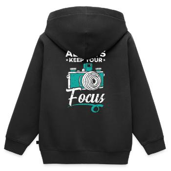 Gardez toujours votre photographe d’image de mise au point - Sweat Premium à capuche zippé enfant bio - noir - Dos - AI Model Kid Male (0cm)