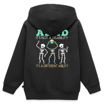 TDAH C’est une capacité différente Nérodiversité - Sweat Premium à capuche zippé enfant bio - noir - Dos - AI Model Kid Male (0cm)