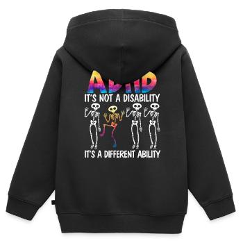 TDAH C’est une capacité différente Nérodiversité - Sweat Premium à capuche zippé enfant bio - noir - Dos - AI Model Kid Male (0cm)