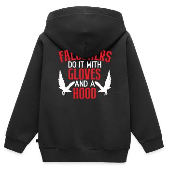 Falkner machen es mit Handschuhen und einem Kapuzenfalken - Kinder Premium Organic Zip Hoodie - Schwarz - Hinten - AI Model Kid Male (0cm)