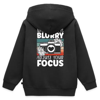 Photographie Caméra Image Photographe - Sweat Premium à capuche zippé enfant bio - noir - Dos - AI Model Kid Male (0cm)