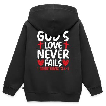 Gottes Liebe lässt christlichen Gläubigen nie im Stich - Kinder Premium Organic Zip Hoodie - Schwarz - Hinten - AI Model Kid Male (0cm)