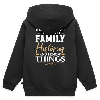 Ich erforsche Familiengeschichten und ich weiß Din - Kinder Premium Organic Zip Hoodie - Schwarz - Hinten - AI Model Kid Male (0cm)
