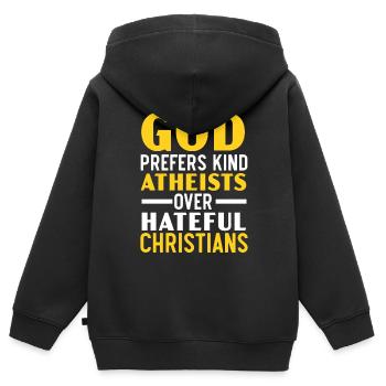 Dieu préfère les athées gentils aux chrétiens haineux - Sweat Premium à capuche zippé enfant bio - noir - Dos - AI Model Kid Male (0cm)