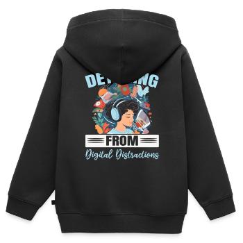 Digital Detox Mobile Phone Fasting Go Offline - Sweat Premium à capuche zippé enfant bio - noir - Dos - AI Model Kid Male (0cm)