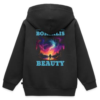 Aurore boréale ciel étoilé Nature lumière affichage - Sweat Premium à capuche zippé enfant bio - noir - Dos - AI Model Kid Male (0cm)