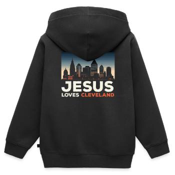 Bundesstaat Cleveland, Ohio, USA, Amerika, Vereinigte Staaten - Kinder Premium Organic Zip Hoodie - Schwarz - Hinten - AI Model Kid Male (0cm)