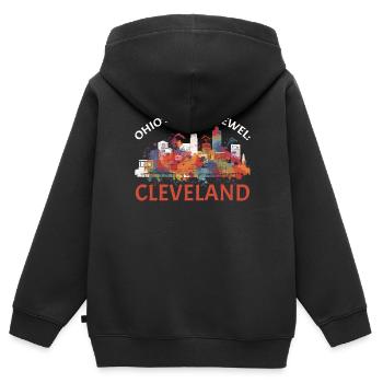 Bundesstaat Cleveland, Ohio, USA, Amerika, Vereinigte Staaten - Kinder Premium Organic Zip Hoodie - Schwarz - Hinten - AI Model Kid Male (0cm)