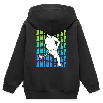 Floorball Innebandy Salibandy Floorball Enfants - Sweat Premium à capuche zippé enfant bio - noir - Dos - AI Model Kid Male (0cm)