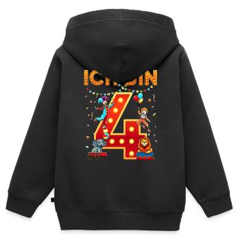 J’ai 4 ans Quatrième anniversaire de cirque Quatre ans - Sweat Premium à capuche zippé enfant bio - noir - Dos - AI Model Kid Male (0cm)