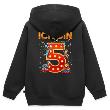 J’ai 5 ans Cinquième anniversaire de cirque Cinq ans - Sweat Premium à capuche zippé enfant bio - noir - Dos - AI Model Kid Male (0cm)
