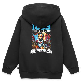 Proclamation d’émancipation Black Pride Juneteenth - Sweat Premium à capuche zippé enfant bio - noir - Dos - AI Model Kid Male (0cm)
