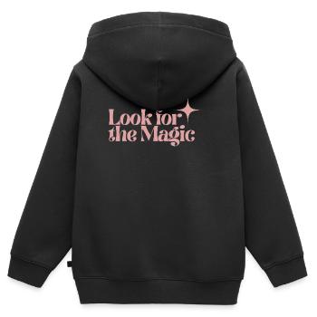 Achte auf die magischen Retro-Pink-positiven Vibes - Kinder Premium Organic Zip Hoodie - Schwarz - Hinten - AI Model Kid Male (0cm)