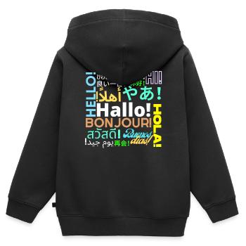 Bonjour, Bonjour, Bonjour, Hola, Buenos dias - Sweat Premium à capuche zippé enfant bio - noir - Dos - AI Model Kid Male (0cm)