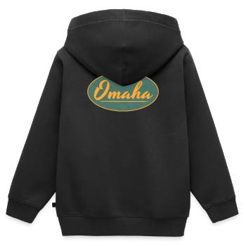 Emblème Omaha Vintage Script - Sweat Premium à capuche zippé enfant bio - noir - Dos - AI Model Kid Male (0cm)