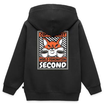 Erst der Kaffee, dann die Weltherrschaft, dann der Rotfuchs - Kinder Premium Organic Zip Hoodie - Schwarz - Hinten - AI Model Kid Male (0cm)