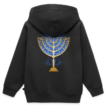 goldfarbener Hanukkah Leuchter mit blauen Strahlen - Kinder Premium Organic Zip Hoodie - Schwarz - Hinten - AI Model Kid Male (0cm)
