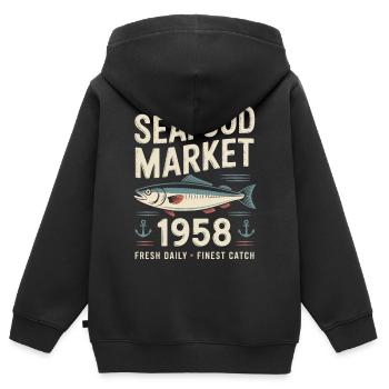 Publicité pour le marché aux poissons vintage - Sweat Premium à capuche zippé enfant bio - noir - Dos - AI Model Kid Male (0cm)