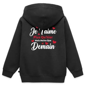 Je t’aime plus qu’hier mais moins que demain - Sweat Premium à capuche zippé enfant bio - noir - Dos - AI Model Kid Male (0cm)