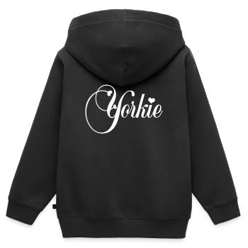 Yorkie Yorkshire Terrier en police décorative - Sweat Premium à capuche zippé enfant bio - noir - Dos - AI Model Kid Male (0cm)