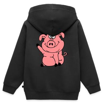 Niedliches Cartoon Comic Schwein Winkt Freundlich - Kinder Premium Organic Zip Hoodie - Schwarz - Hinten - AI Model Kid Male (0cm)