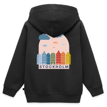 Suède Stockholm Design Logo Suède Europe Voyage - Sweat Premium à capuche zippé enfant bio - noir - Dos - AI Model Kid Male (0cm)