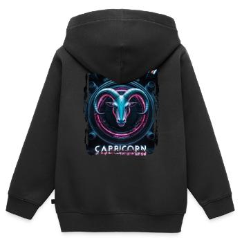Signe du zodiaque Capricorne à l’ère cyberpunk Futur - Sweat Premium à capuche zippé enfant bio - noir - Dos - AI Model Kid Male (0cm)