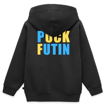 FK Poutine, Puck Futin, Stand avec l’Ukraine, Anti Guerre - Sweat Premium à capuche zippé enfant bio - noir - Dos - AI Model Kid Male (0cm)