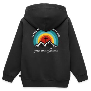 Am Morgen, wenn ich aufstehe, gib mir Jesus - - Kinder Premium Organic Zip Hoodie - Schwarz - Hinten - AI Model Kid Male (0cm)