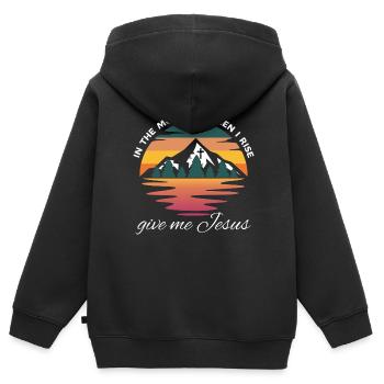 Am Morgen, wenn ich aufstehe, gib mir Jesus - - Kinder Premium Organic Zip Hoodie - Schwarz - Hinten - AI Model Kid Male (0cm)