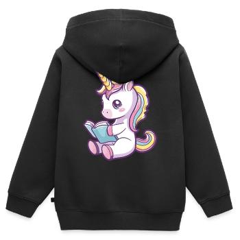 Niedliches Einhorn Cartoon liest ein Buch - Kinder Premium Organic Zip Hoodie - Schwarz - Hinten - AI Model Kid Male (0cm)