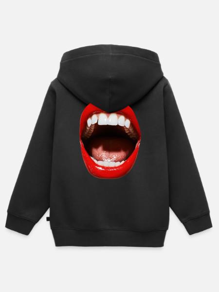 Offener Mund mit rotem Lippenstift - Kinder Premium Organic Zip Hoodie - Schwarz
