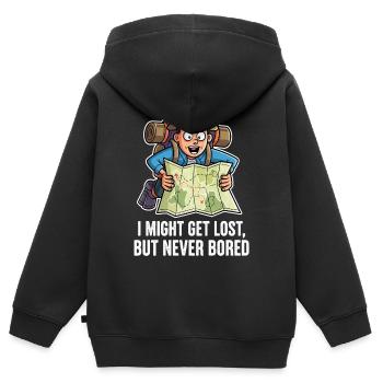 Wanderlust Design – un dicton amusant pour les aventuriers - Sweat Premium à capuche zippé enfant bio - noir - Dos - AI Model Kid Male (0cm)