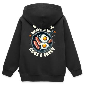 Réveil œufs et bacon dans la poêle - Sweat Premium à capuche zippé enfant bio - noir - Dos - AI Model Kid Male (0cm)