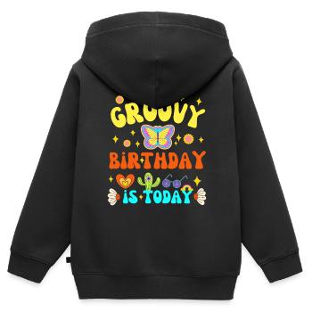 GROOVY BIRTHDAY IS TODAY 70 S - Sweat Premium à capuche zippé enfant bio - noir - Dos - AI Model Kid Male (0cm)