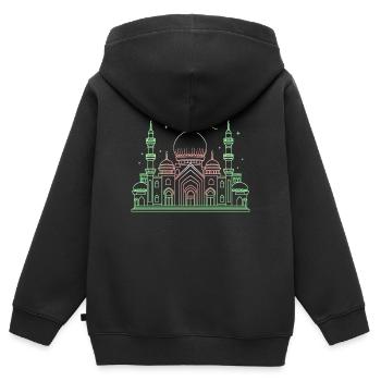 Mosqué étoile croissant stylisée vert ou noir - Sweat Premium à capuche zippé enfant bio - noir - Dos - AI Model Kid Male (0cm)
