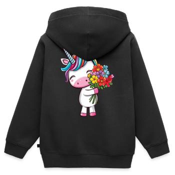 Niedliches Einhorn mit buntem Blumenstrauß - Kinder Premium Organic Zip Hoodie - Schwarz - Hinten - AI Model Kid Male (0cm)