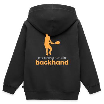 meine starke Hand ist die Rückhand - Kinder Premium Organic Zip Hoodie - Schwarz - Hinten - AI Model Kid Male (0cm)