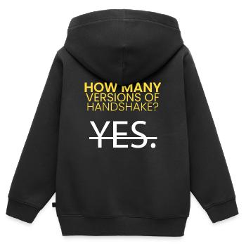 Wie viele Versionen von Handshake? - Kinder Premium Organic Zip Hoodie - Schwarz - Hinten - AI Model Kid Male (0cm)