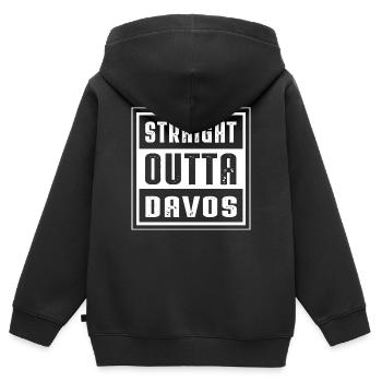 STRAIGHT OUTTA DAVOS - Kinder Premium Organic Zip Hoodie - Schwarz - Hinten - AI Model Kid Male (0cm)