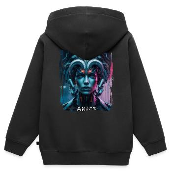 Signe du zodiaque Bélier à l’ère cyberpunk Futur - Sweat Premium à capuche zippé enfant bio - noir - Dos - AI Model Kid Male (0cm)