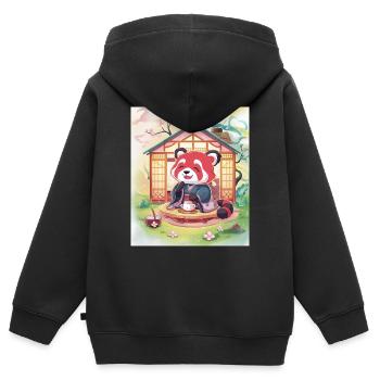 Panda roux pose thé - Sweat Premium à capuche zippé enfant bio - noir - Dos - AI Model Kid Male (0cm)