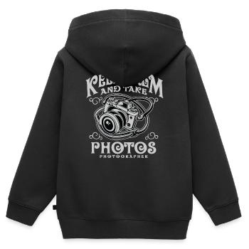 Gardez le calme et prendre des photos - Caméra shirt design - Sweat Premium à capuche zippé enfant bio - noir - Dos - AI Model Kid Male (0cm)