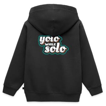 Solo proud single, Happy single - Sweat Premium à capuche zippé enfant bio - noir - Dos - AI Model Kid Male (0cm)